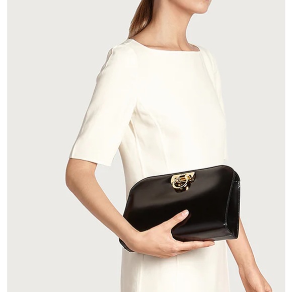 Salvatore Ferragamo Authentic Gancini chain Black Leather Clutch/Crossbody Bag - Picture 3 of 17